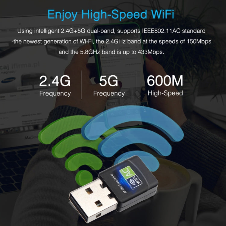 AC600Mbps 2.4GHz & 5GHz Dual Band USB 2.0 WiFi Free Drive Adapter External Network Card, AC600Mbps AC600Mbps 2.4GHz & 5GHz Dual Band USB 2.0 WiFi Free Drive Adapter External Network Card, AC600Mbps